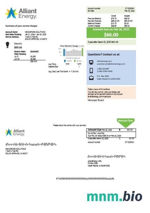 USA Wisconsin Alliant Energy electricity rachunek za usługi komunalne szablon w formacie Word i PDF